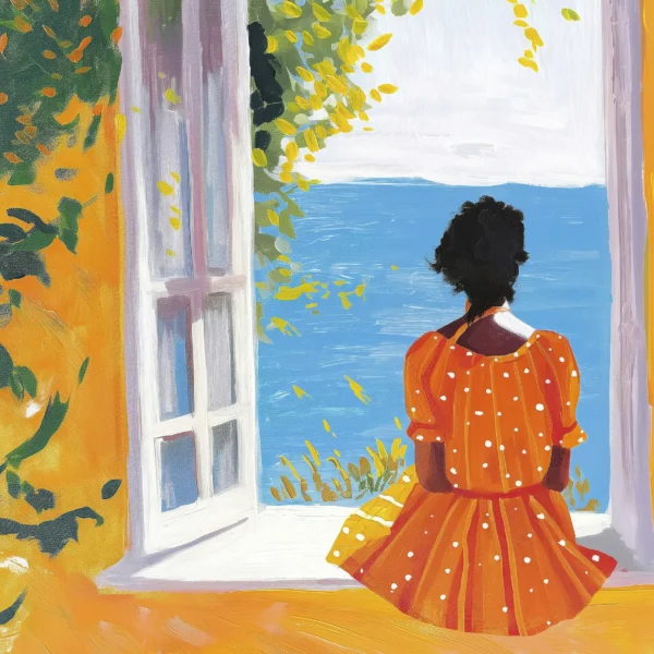 Hommages — Fenêtre sur l'Azur, silhouette contemplant la mer en couleurs éclatantes hommage à Henri Matisse, art mural premium