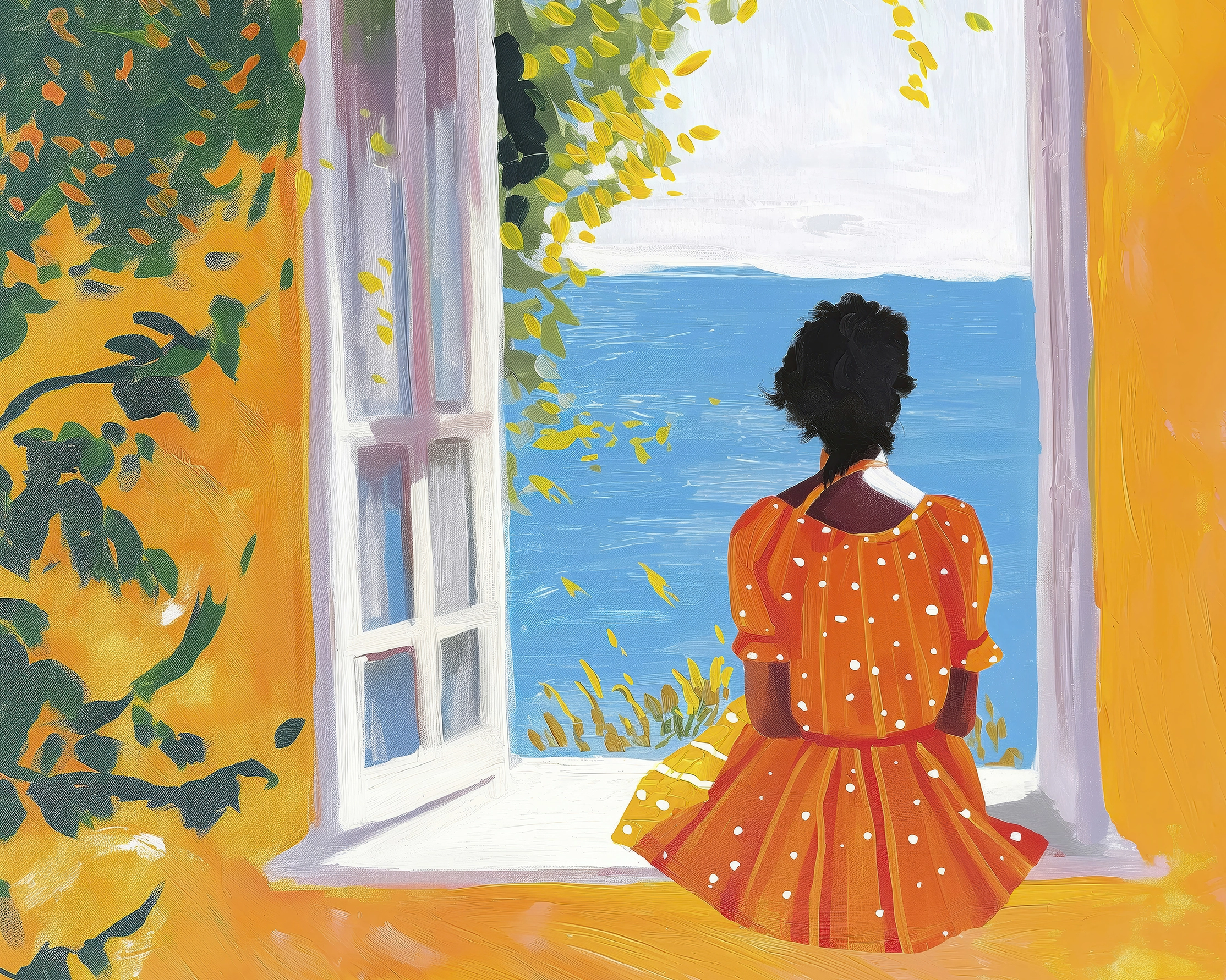 Hommages — Fenêtre sur l'Azur, silhouette contemplant la mer en couleurs éclatantes hommage à Henri Matisse, art mural premium