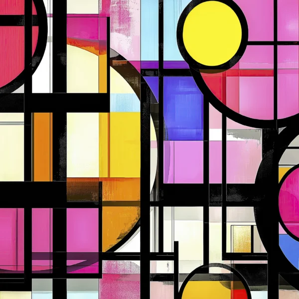 Hommages — Géométrie Chromatique, lignes orthogonales et formes circulaires colorées hommage à Piet Mondrian, art mural premium