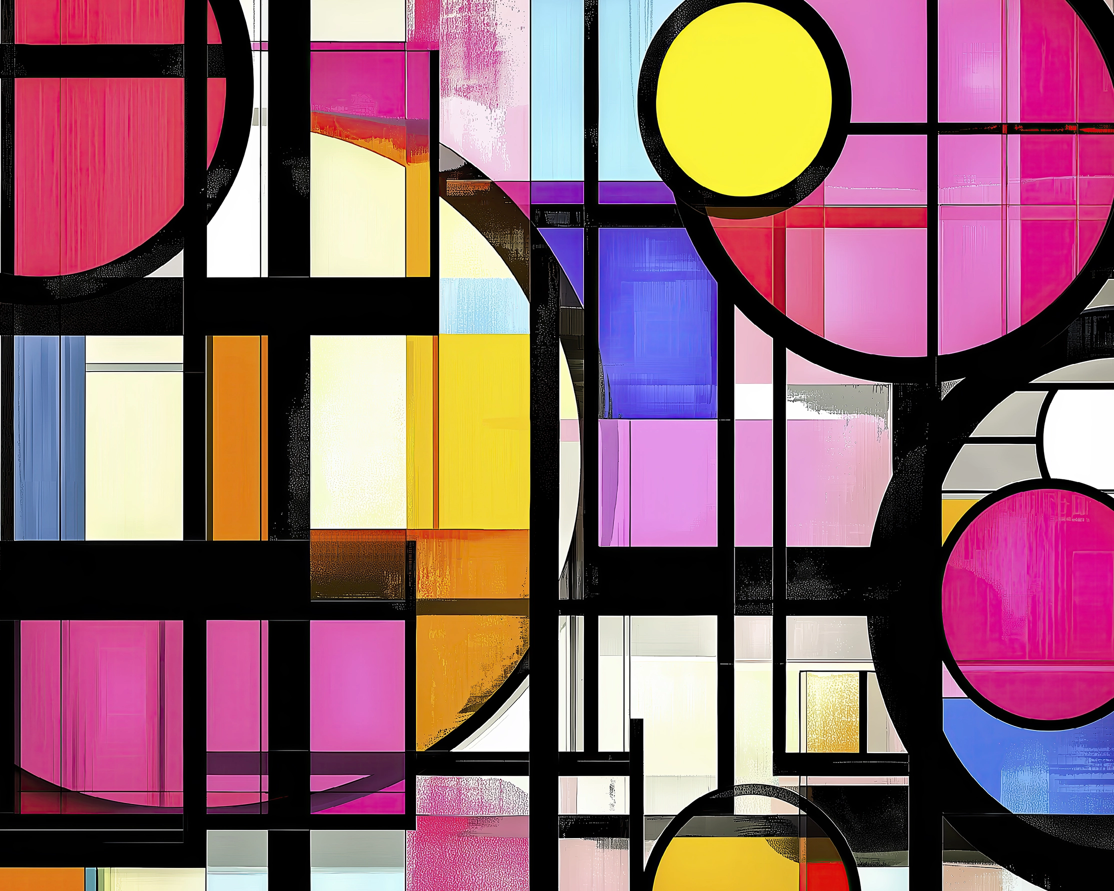 Hommages — Géométrie Chromatique, lignes orthogonales et formes circulaires colorées hommage à Piet Mondrian, art mural premium