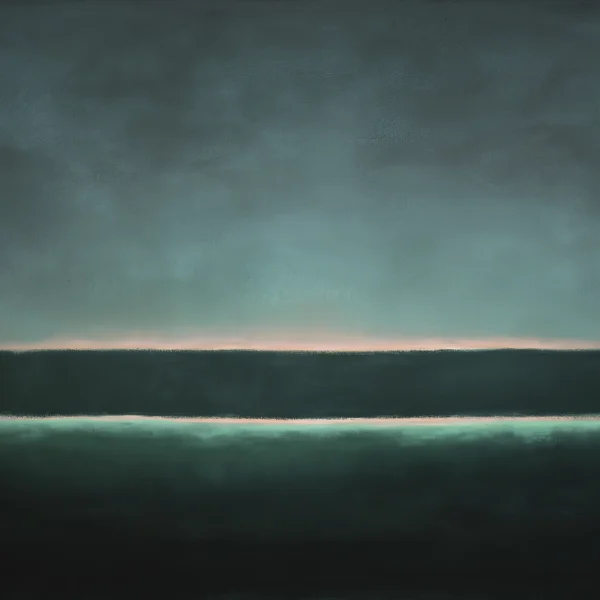 Hommages — Horizon Silencieux, dégradés de bleu profond et vert minéral en composition contemplative, art mural premium