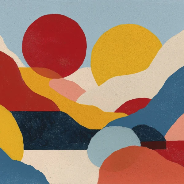 Hommages — Horizons Solaires, collines stylisées et soleils colorés hommage à Etel Adnan, art mural premium