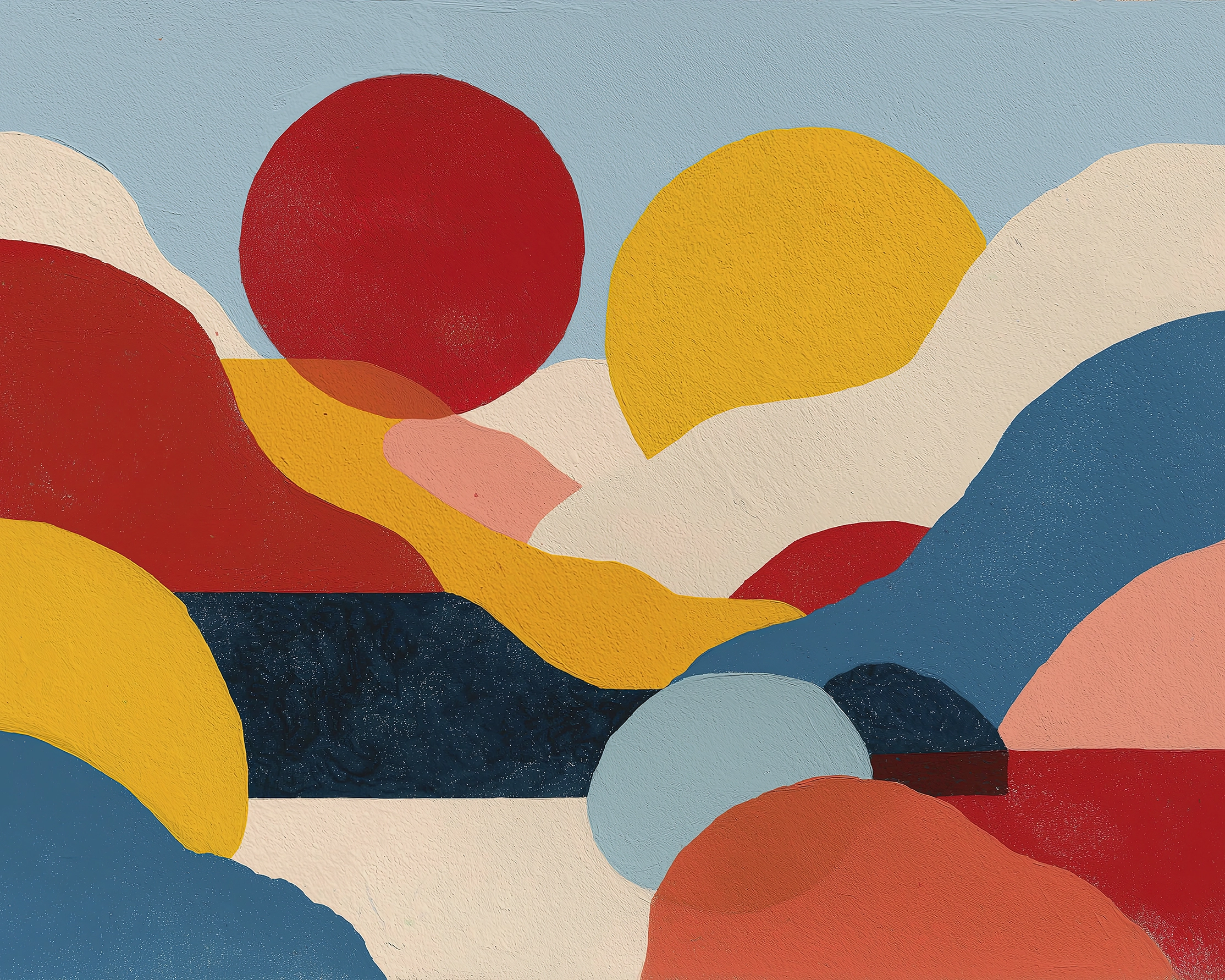 Hommages — Horizons Solaires, collines stylisées et soleils colorés hommage à Etel Adnan, art mural premium