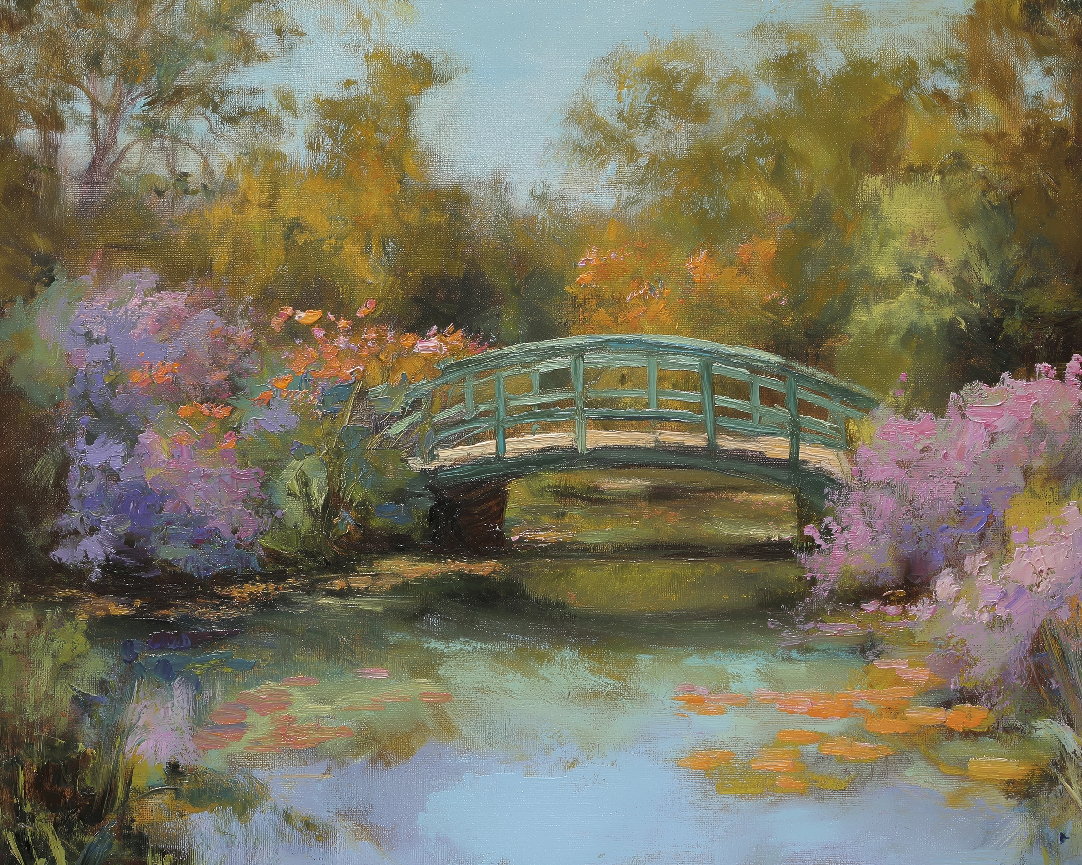 Hommages — Jardin d'Éternité, pont japonais et nymphéas impressionnistes hommage à Claude Monet, art mural premium