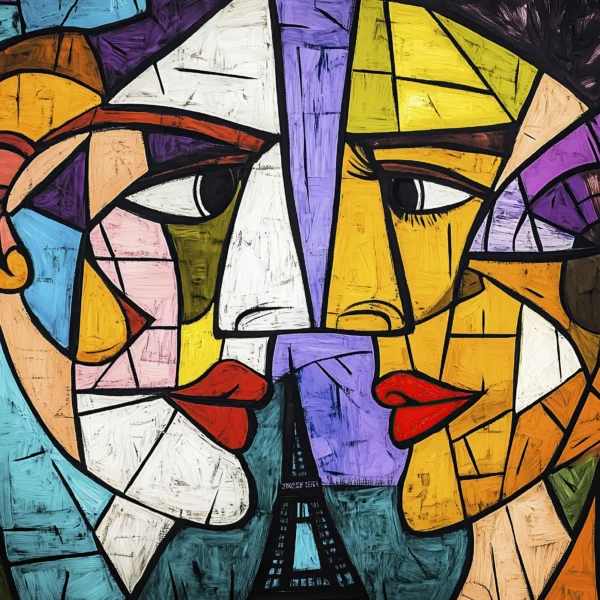 Hommages — Les Amants de Paris, visages entrelacés cubistes autour de la Tour Eiffel hommage à Pablo Picasso, art mural premium
