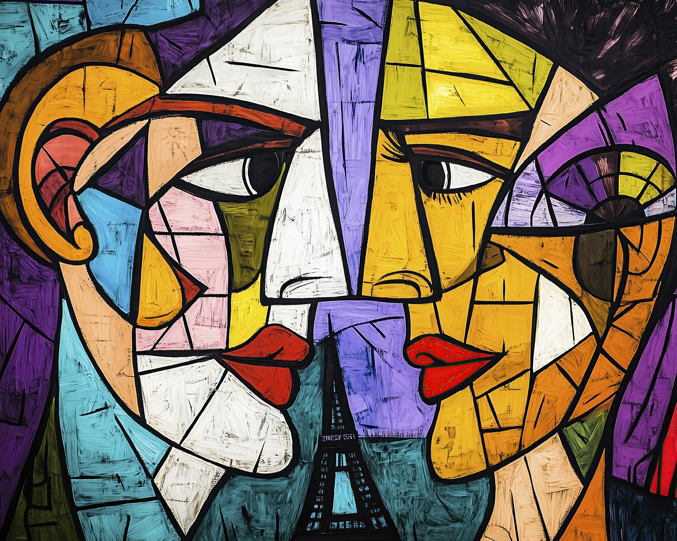 Hommages — Les Amants de Paris, visages entrelacés cubistes autour de la Tour Eiffel hommage à Pablo Picasso, art mural premium