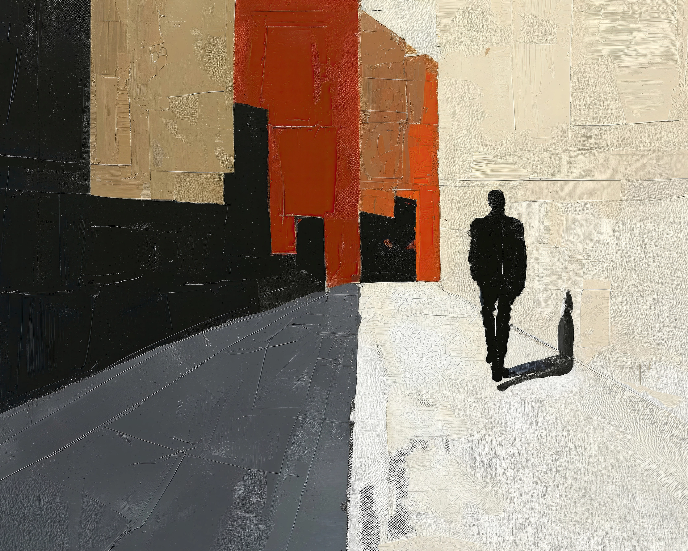Hommages — Ombres Urbaines, personnage solitaire dans une architecture épurée hommage à Nicolas de Staël, art mural premium