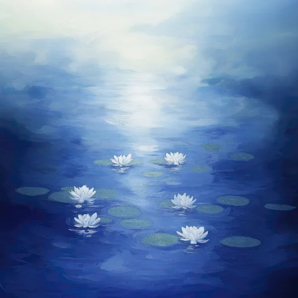 Hommages — Reflets de Monet, nymphéas flottant sur une eau aux reflets lumineux, hommage impressionniste, art mural premium
