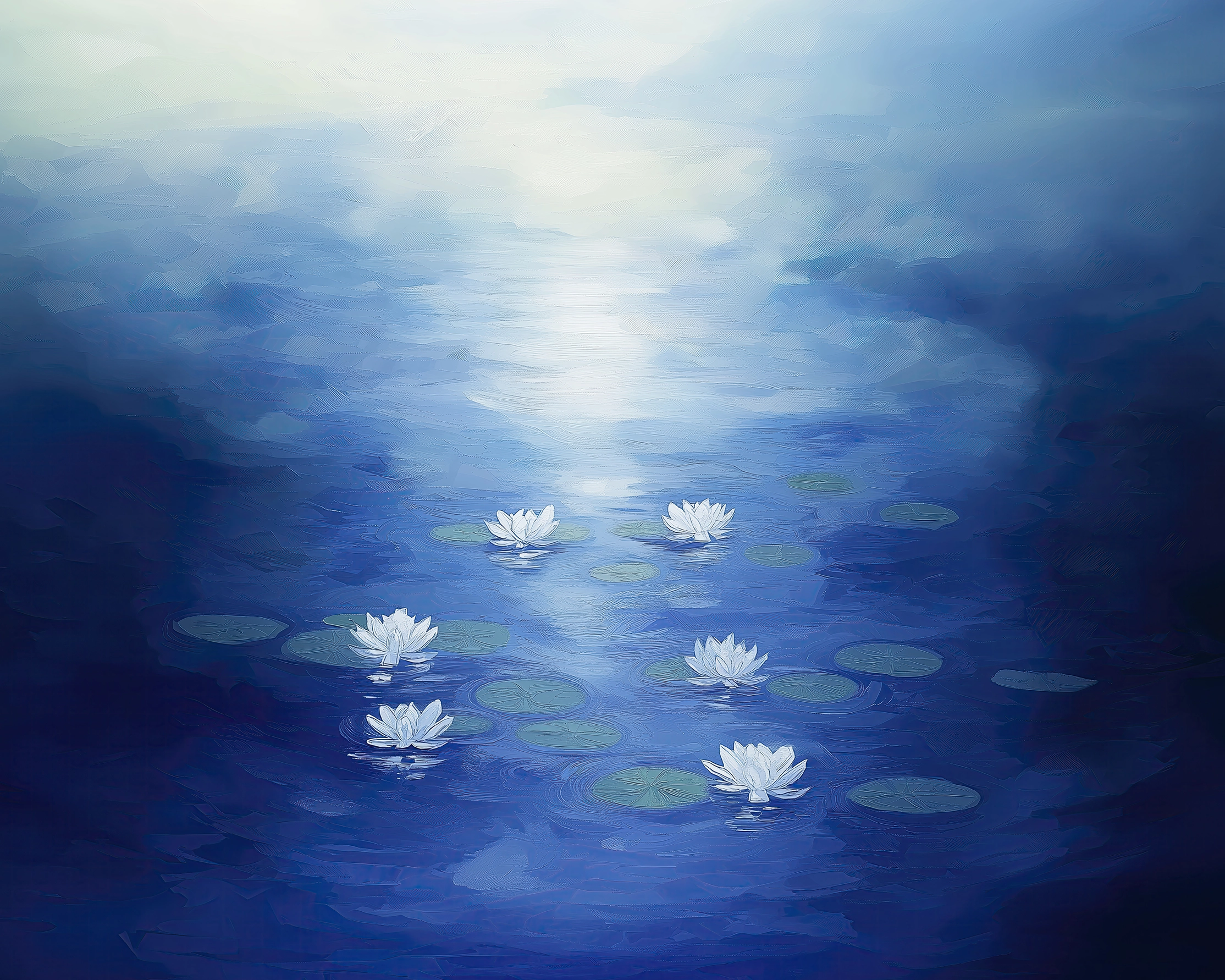 Hommages — Reflets de Monet, nymphéas flottant sur une eau aux reflets lumineux, hommage impressionniste, art mural premium
