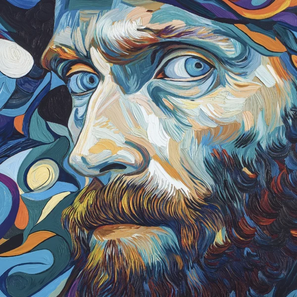 Hommages — Regard Tourmenté, portrait puissant en bleus profonds hommage à Vincent van Gogh, art mural premium