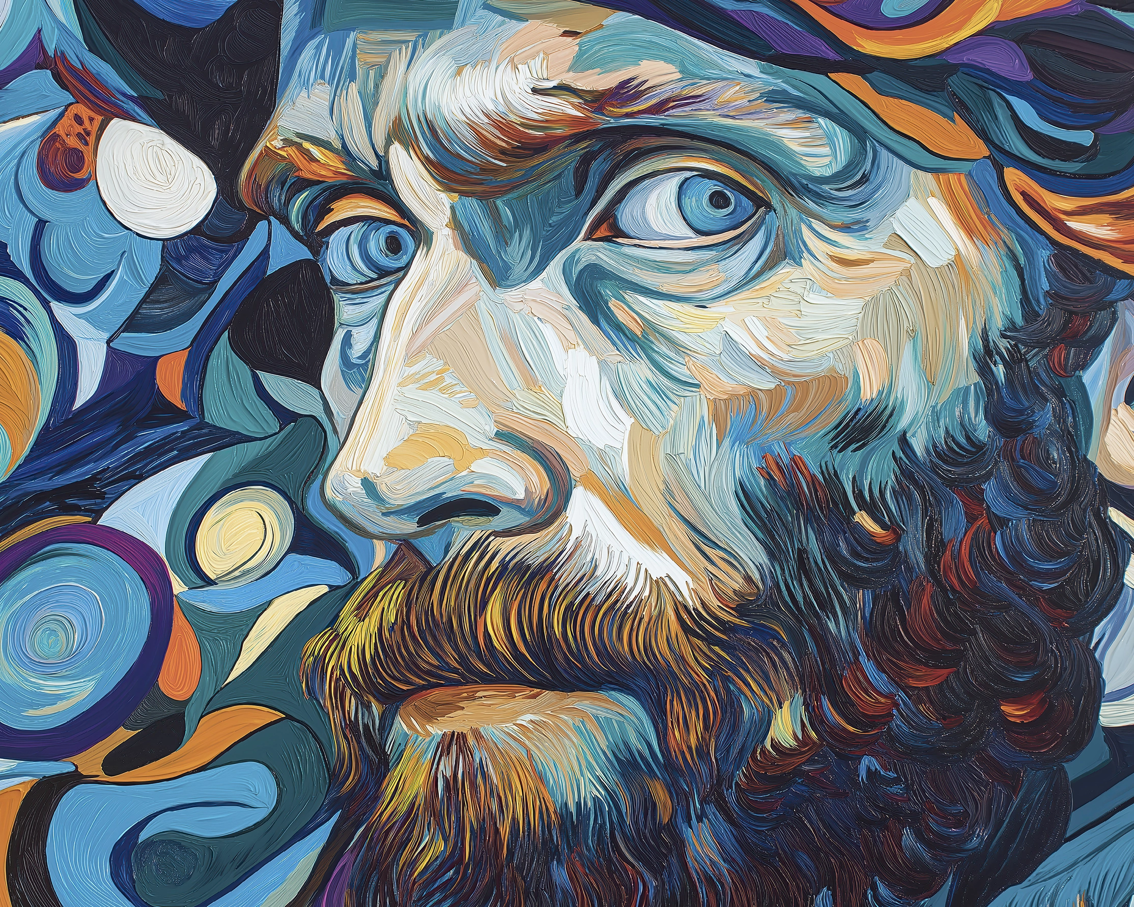 Hommages — Regard Tourmenté, portrait puissant en bleus profonds hommage à Vincent van Gogh, art mural premium