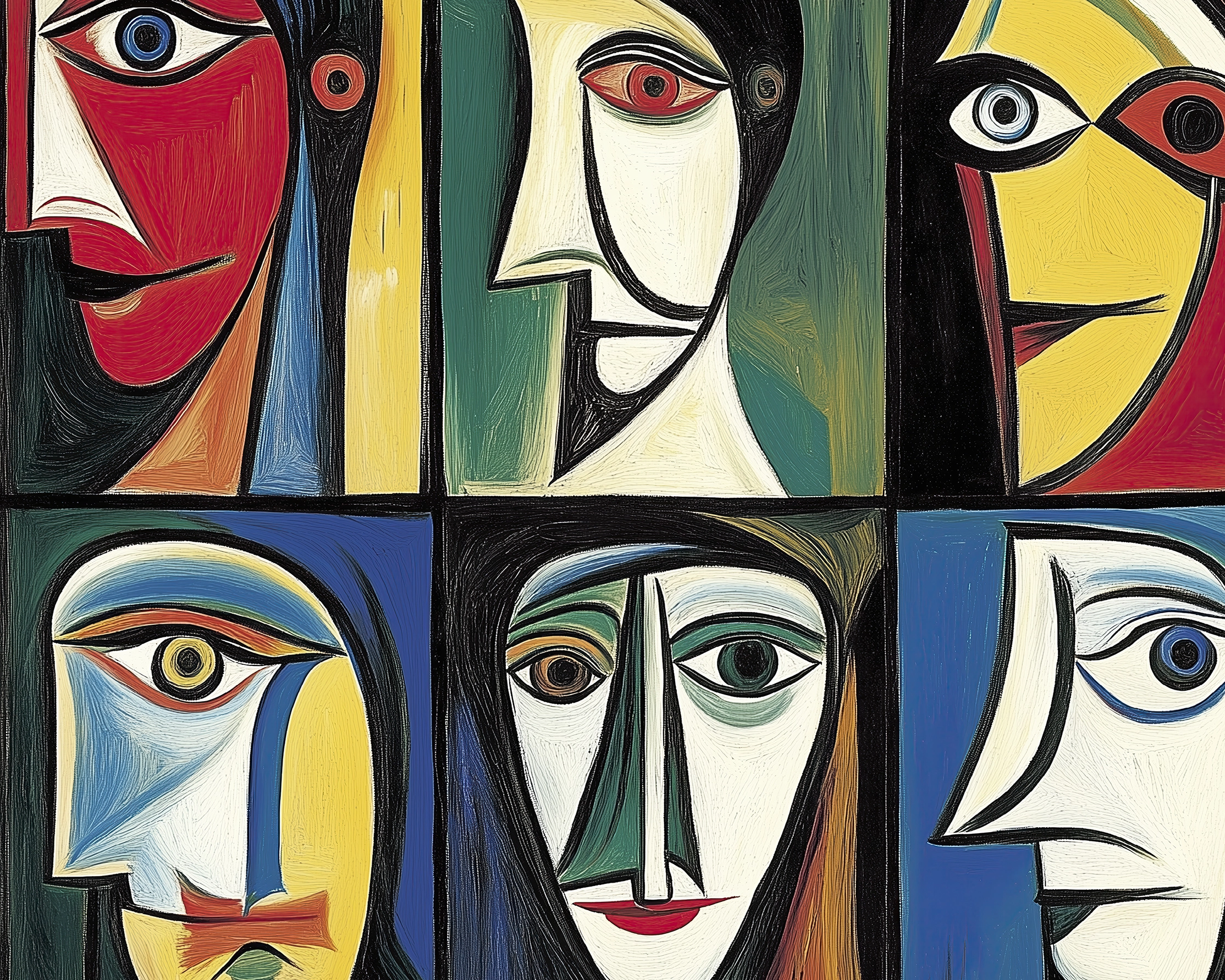Hommages — Regards Multiples, six portraits cubistes hommage à Pablo Picasso, art mural premium