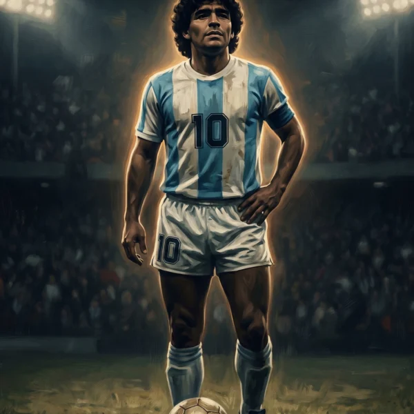Icône du Football Sud-Américain — figure emblématique debout sur le terrain, ballon aux pieds, peinture à l'huile, art mural premium