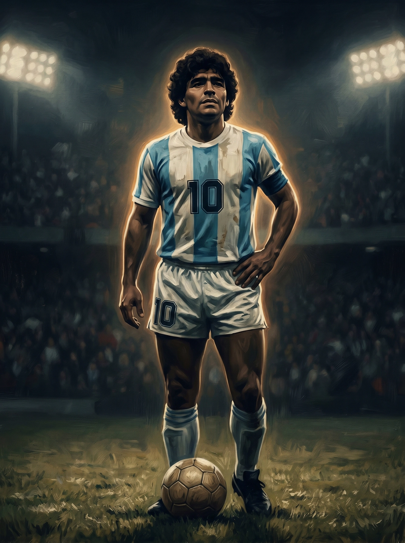 Icône du Football Sud-Américain — figure emblématique debout sur le terrain, ballon aux pieds, peinture à l'huile, art mural premium