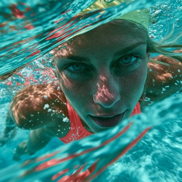 Immersion Corail — portrait féminin sous-marin, transparences turquoise, bulles et reflets corail, art mural premium