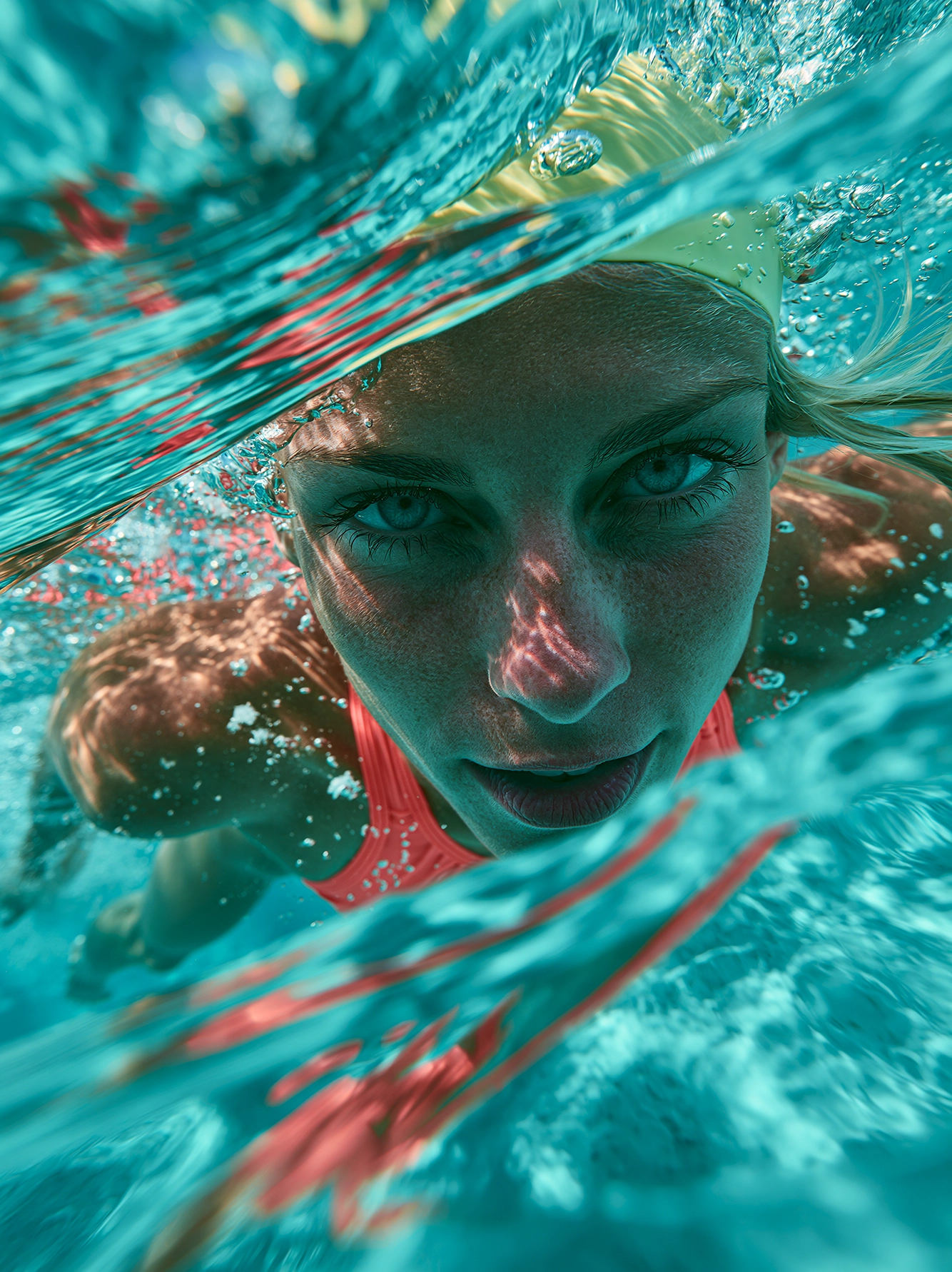 Immersion Corail — portrait féminin sous-marin, transparences turquoise, bulles et reflets corail, art mural premium