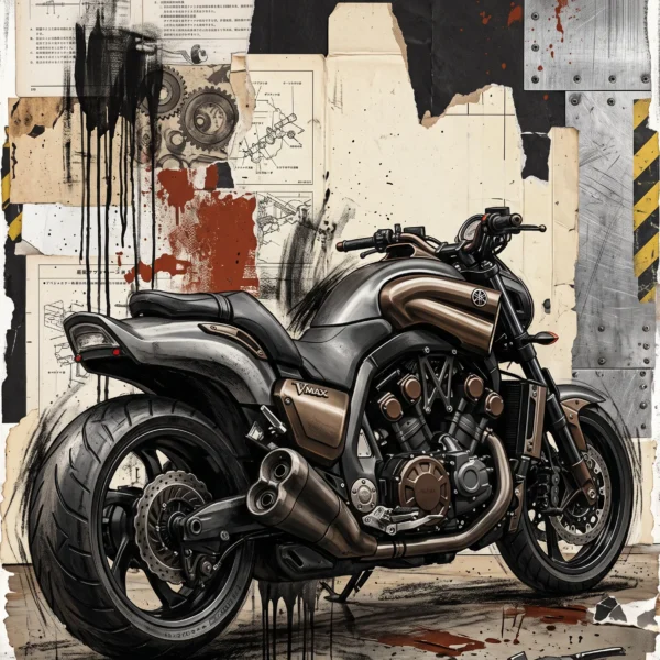 Industrial Torque — Yamaha VMAX en plans techniques, acier brut et collage industriel, art mural premium