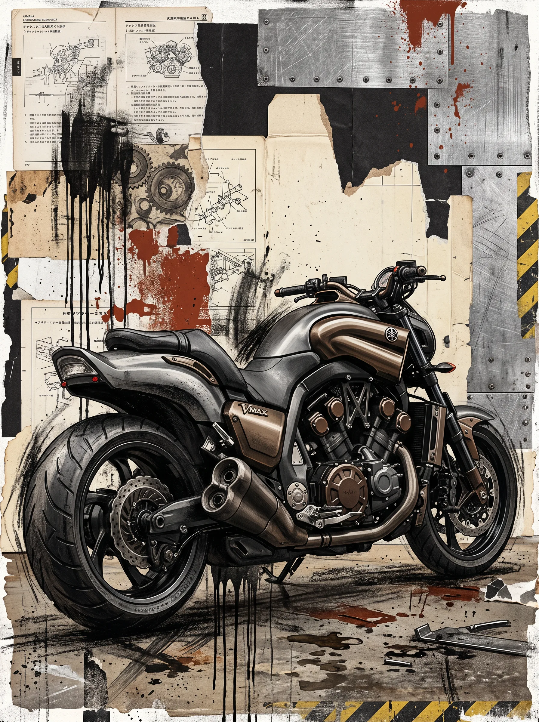 Industrial Torque — Yamaha VMAX en plans techniques, acier brut et collage industriel, art mural premium