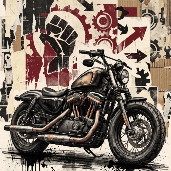 Iron Rebellion — Harley-Davidson Bobber, affiches déchirées et textures industrielles, art mural premium