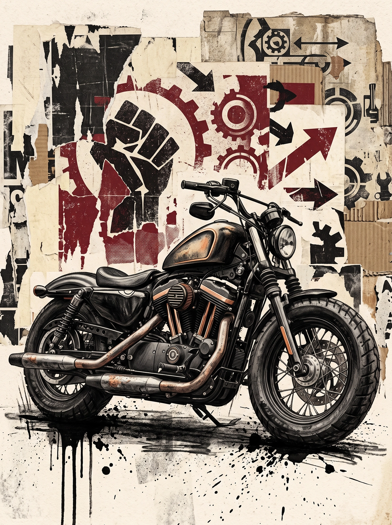 Iron Rebellion — Harley-Davidson Bobber, affiches déchirées et textures industrielles, art mural premium