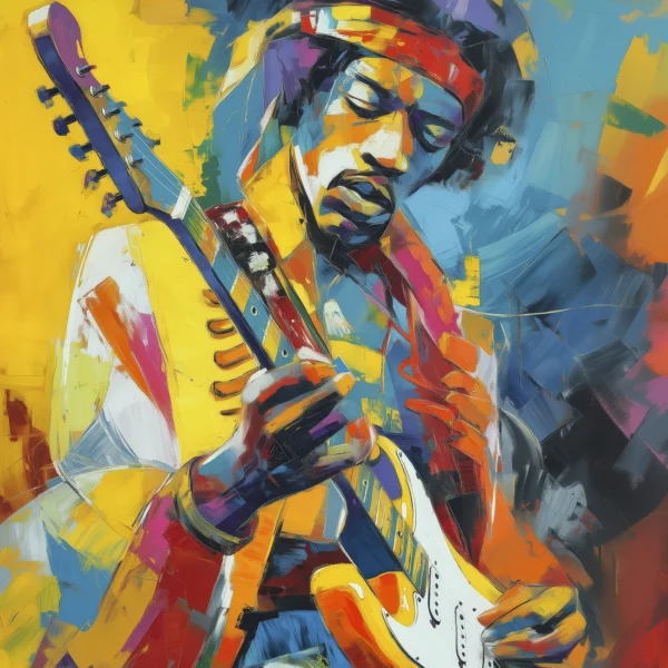 Jimi Hendrix Pop Art jouant de la guitare électrique dans une composition contemporaine aux couleurs vives inspirée de la peinture expressive.