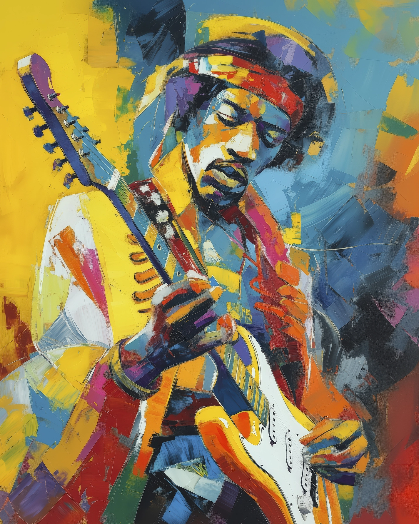 Jimi Hendrix Pop Art jouant de la guitare électrique dans une composition contemporaine aux couleurs vives inspirée de la peinture expressive.
