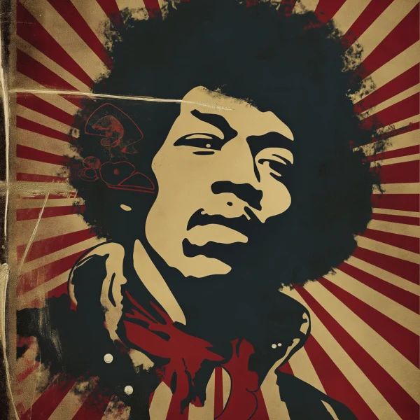 Portrait Street Art de Jimi Hendrix dans un style Pop Art vintage aux couleurs rouge, crème et noir.