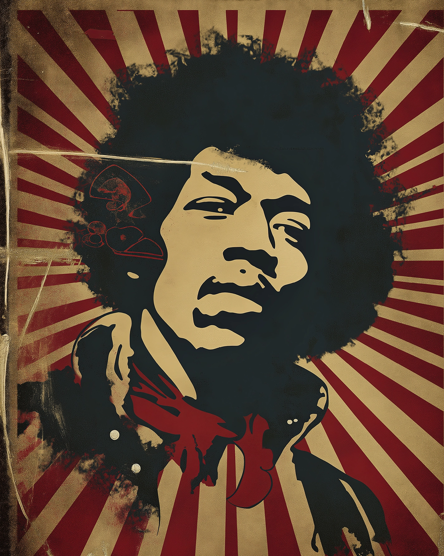 Portrait Street Art de Jimi Hendrix dans un style Pop Art vintage aux couleurs rouge, crème et noir.