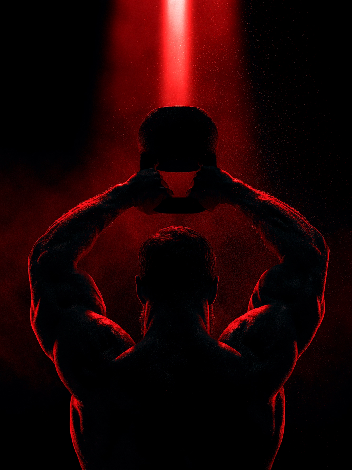 Kettlebell Swing — athlète vu de dos soulevant une kettlebell au-dessus de la tête, lumière rouge, art mural premium