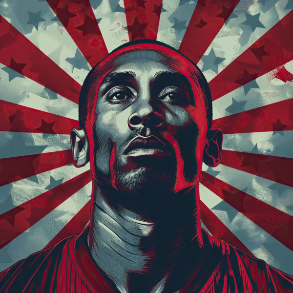 Kobe Bryant Street Art inspiré du style Obey avec fond graphique rouge, étoiles et esthétique Pop Art contemporaine.