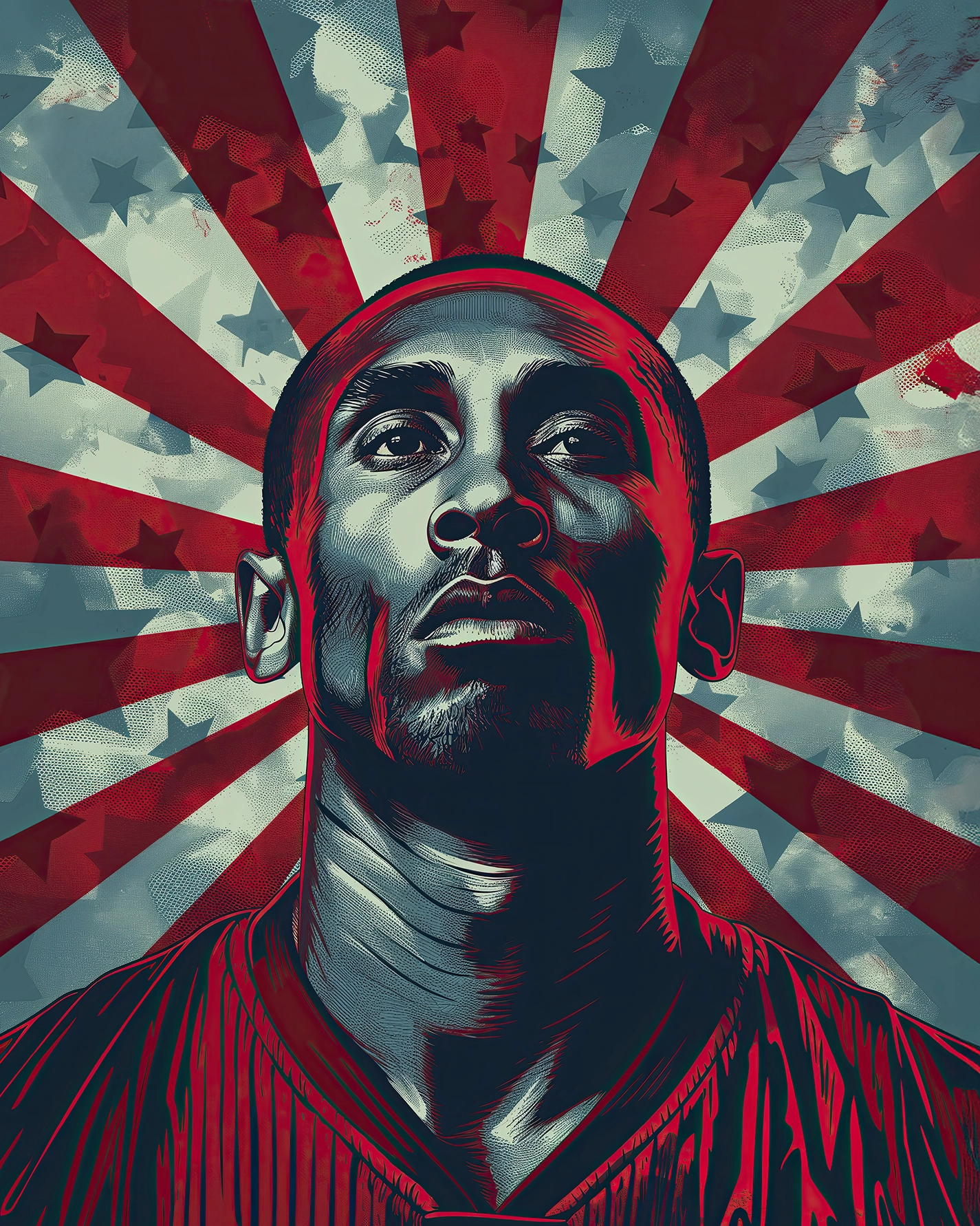 Kobe Bryant Street Art inspiré du style Obey avec fond graphique rouge, étoiles et esthétique Pop Art contemporaine.