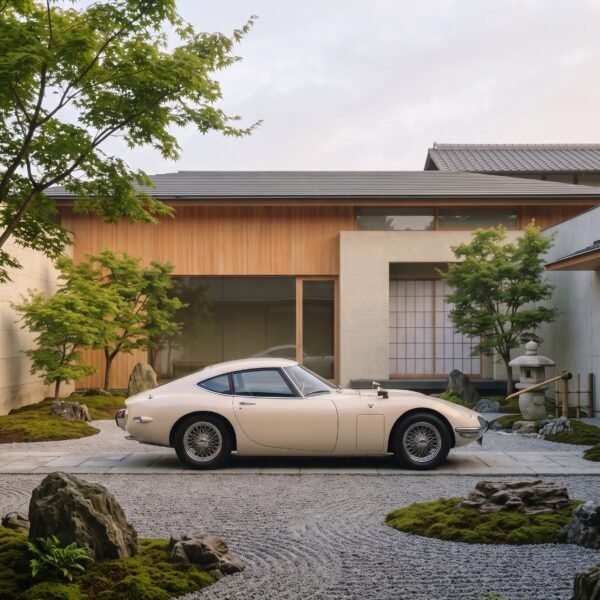 Kyoto Spirit — Toyota 2000GT dans un décor de jardin zen japonais, architecture minimaliste, art mural premium