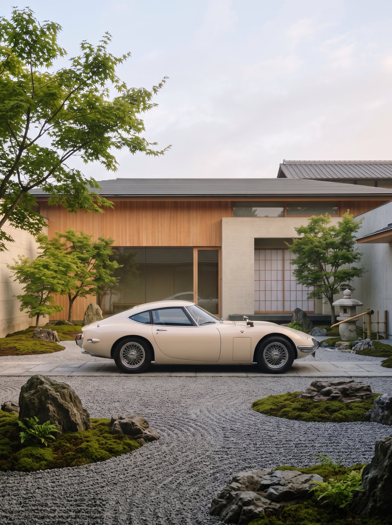 Kyoto Spirit — Toyota 2000GT dans un décor de jardin zen japonais, architecture minimaliste, art mural premium