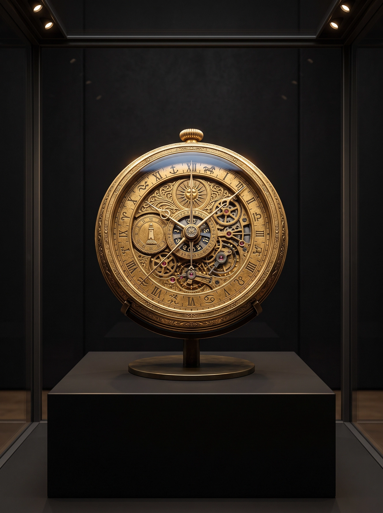 Aléthiomètre doré présenté sur un socle noir dans une vitrine muséale, photographie Fine Art inspirée du cinéma fantastique.