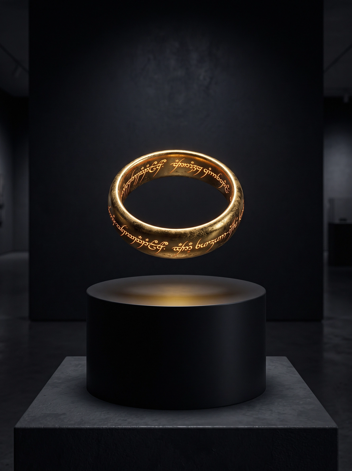 Anneau en or gravé d'inscriptions lumineuses suspendu au-dessus d'un socle noir dans une galerie contemporaine, photographie Fine Art inspirée d'un objet iconique du cinéma fantastique.