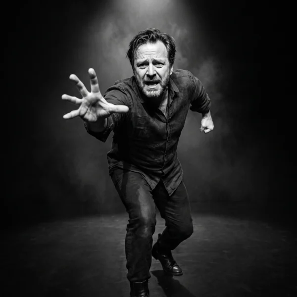 L'Appel — homme lancé vers l'avant, main tendue dans un clair-obscur, photographie noir et blanc, art mural premium