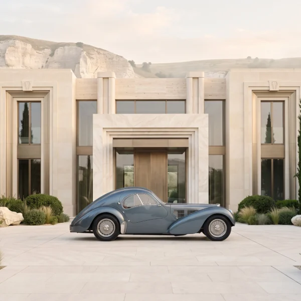 L'Héritage Bleu — Bugatti Type 57SC Atlantic dans une architecture Art Déco, art mural premium