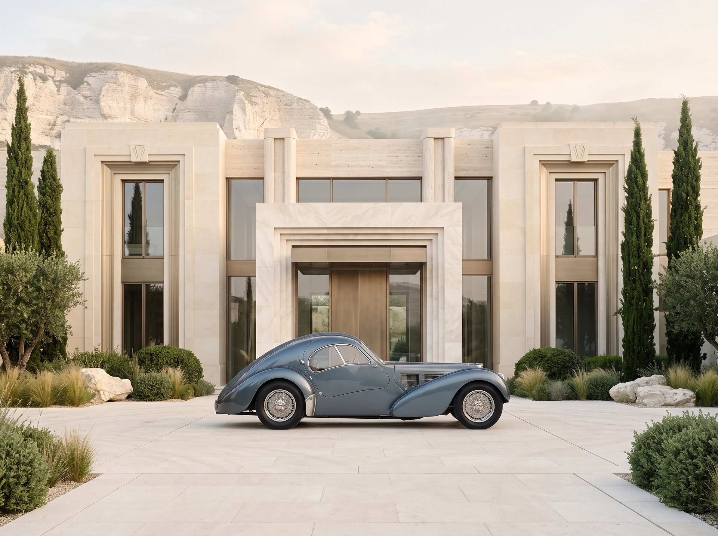 L'Héritage Bleu — Bugatti Type 57SC Atlantic dans une architecture Art Déco, art mural premium