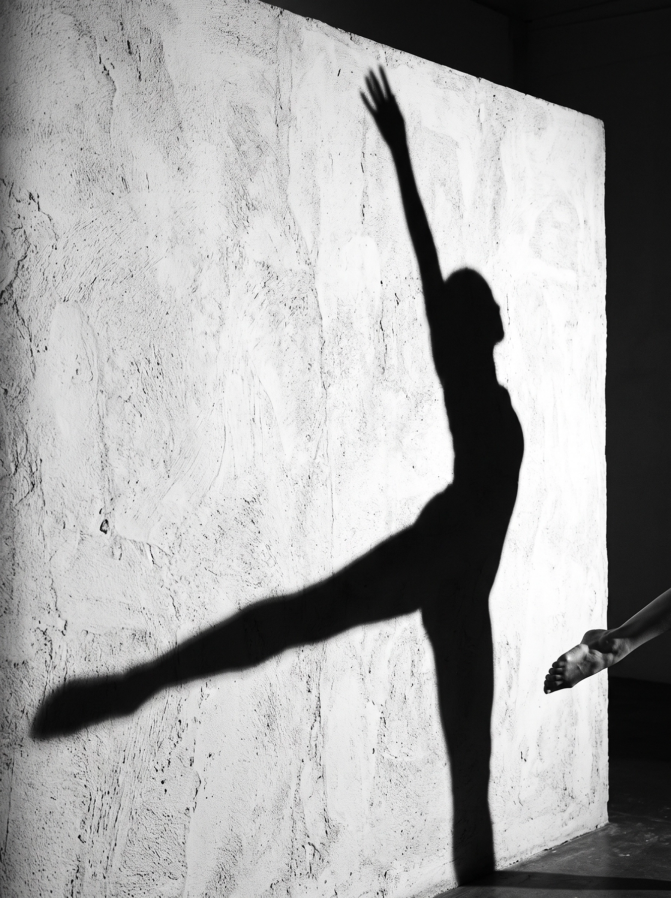 L'Ombre du Geste — silhouette de danseuse projetée sur un mur lumineux, mouvement en noir et blanc, art mural premium