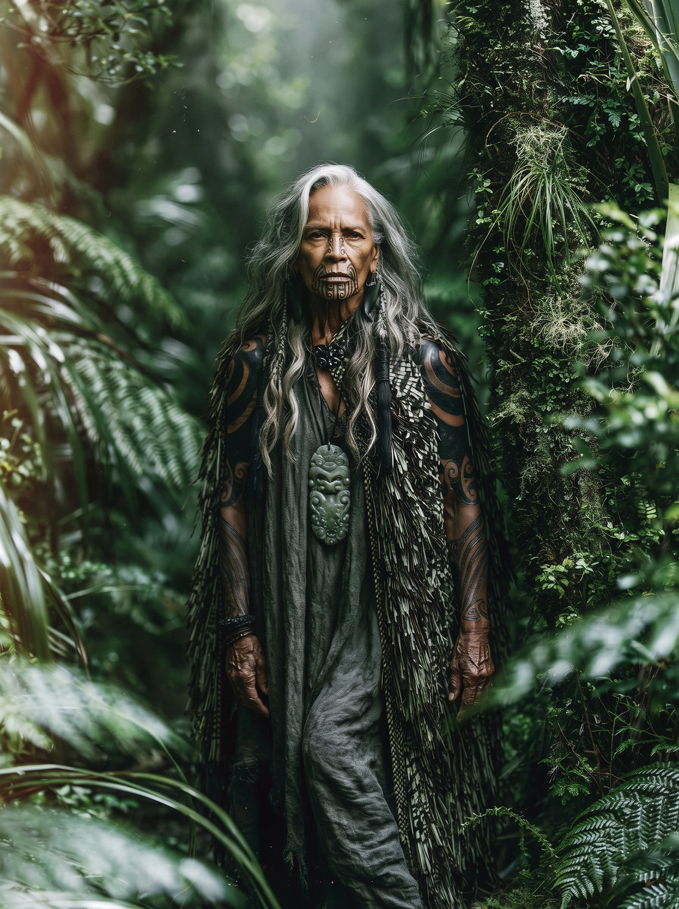 La Chamane des Forêts — portrait corps peint aux tatouages rituels dans une végétation luxuriante, art mural premium