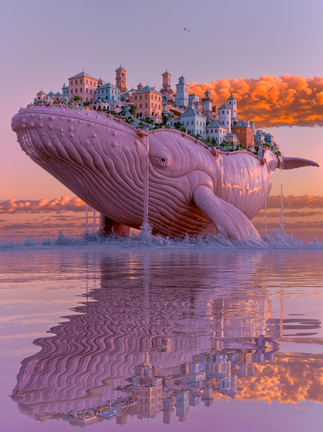 La Cité de la Baleine — baleine monumentale portant une ville sur son dos, mer paisible au crépuscule rose et mauve, art mural premium