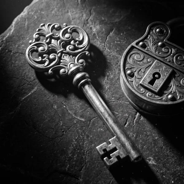 La Clé du Secret — clé ancienne ouvragée et cadenas décoré, nature morte noir et blanc, art mural premium