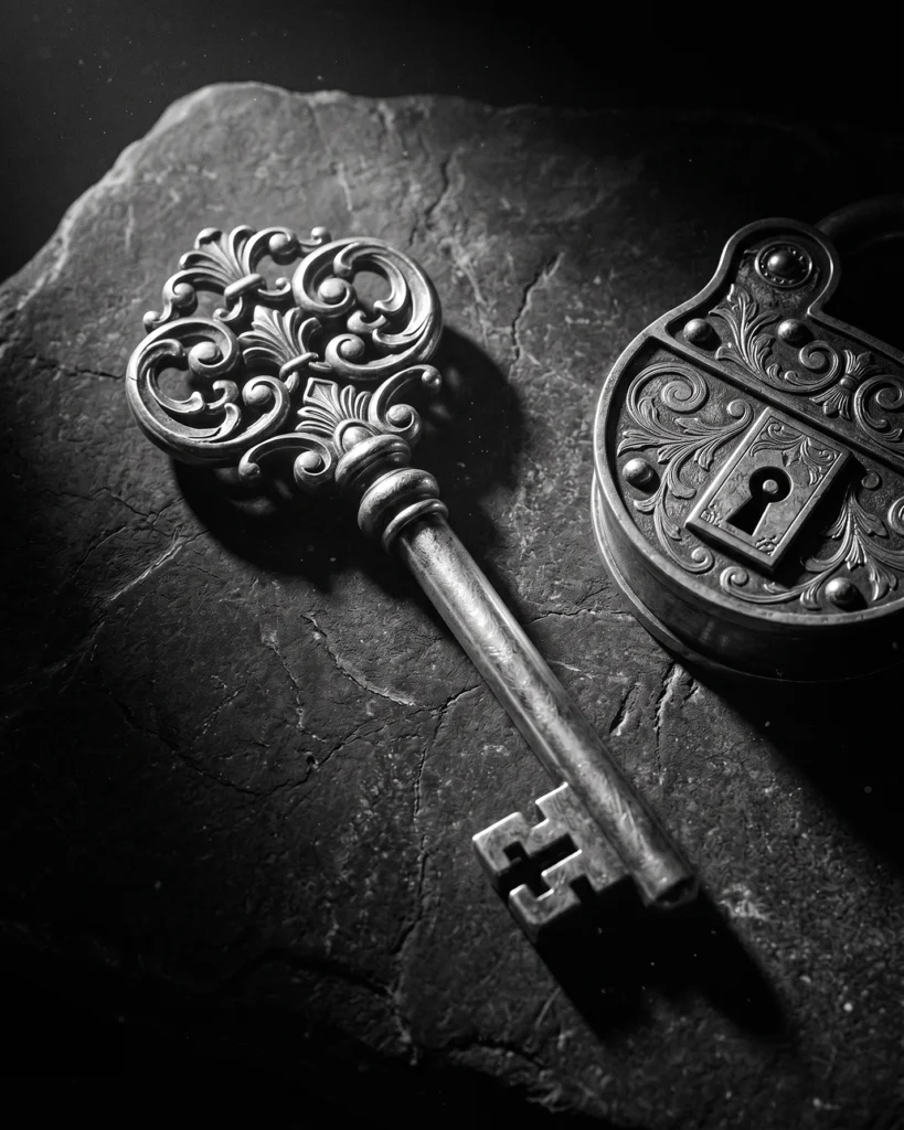 La Clé du Secret — Tableau Objet Ancien Noir et Blanc
