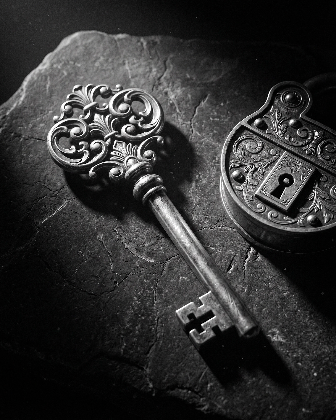 La Clé du Secret — clé ancienne ouvragée et cadenas décoré, nature morte noir et blanc, art mural premium