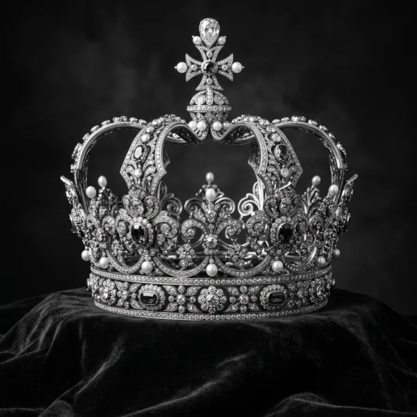 La Couronne — objet royal, pierres, perles et métal ciselé sur velours noir, nature morte monochrome, art mural premium