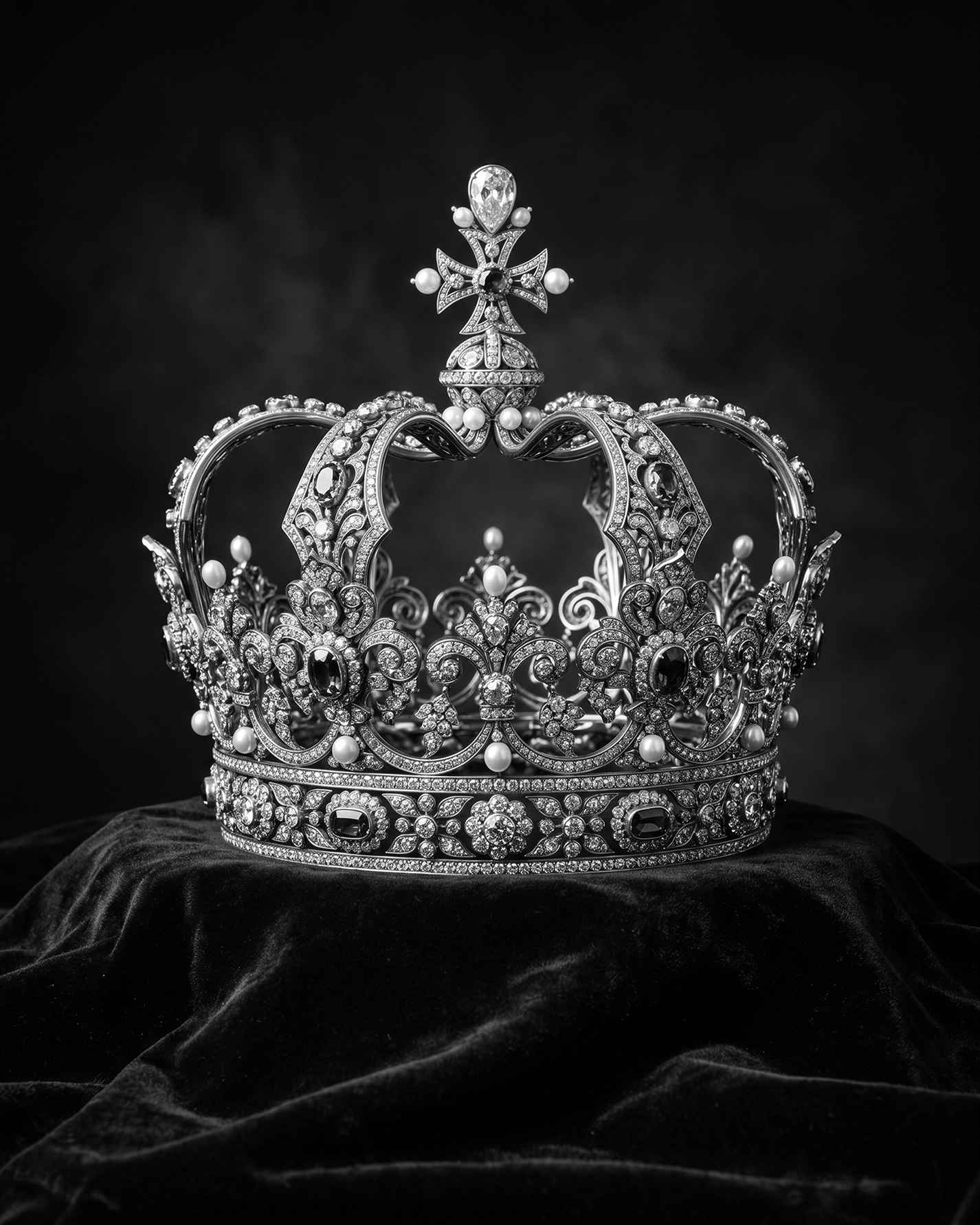 La Couronne — objet royal, pierres, perles et métal ciselé sur velours noir, nature morte monochrome, art mural premium