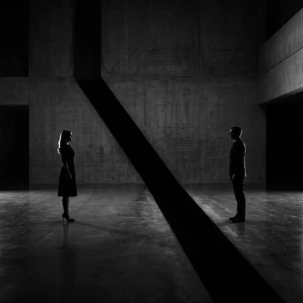 La Distance — deux silhouettes face à face dans un espace de béton traversé d'une ombre noire, art mural premium