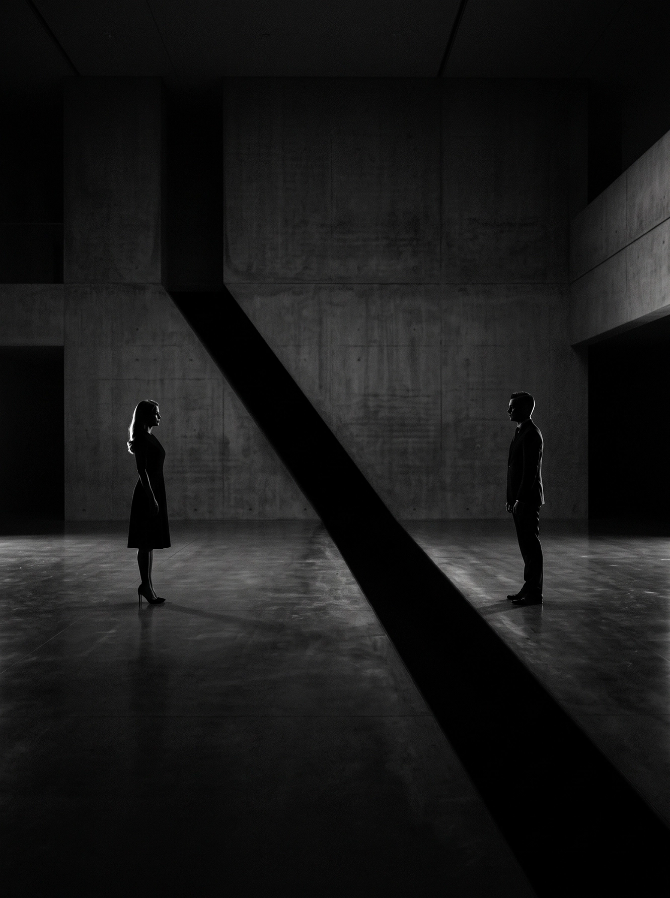 La Distance — deux silhouettes face à face dans un espace de béton traversé d'une ombre noire, art mural premium