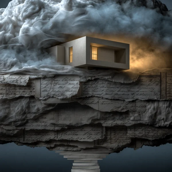 La Maison des Nuages — architecture minimaliste suspendue entre ciel et reflet, art mural premium