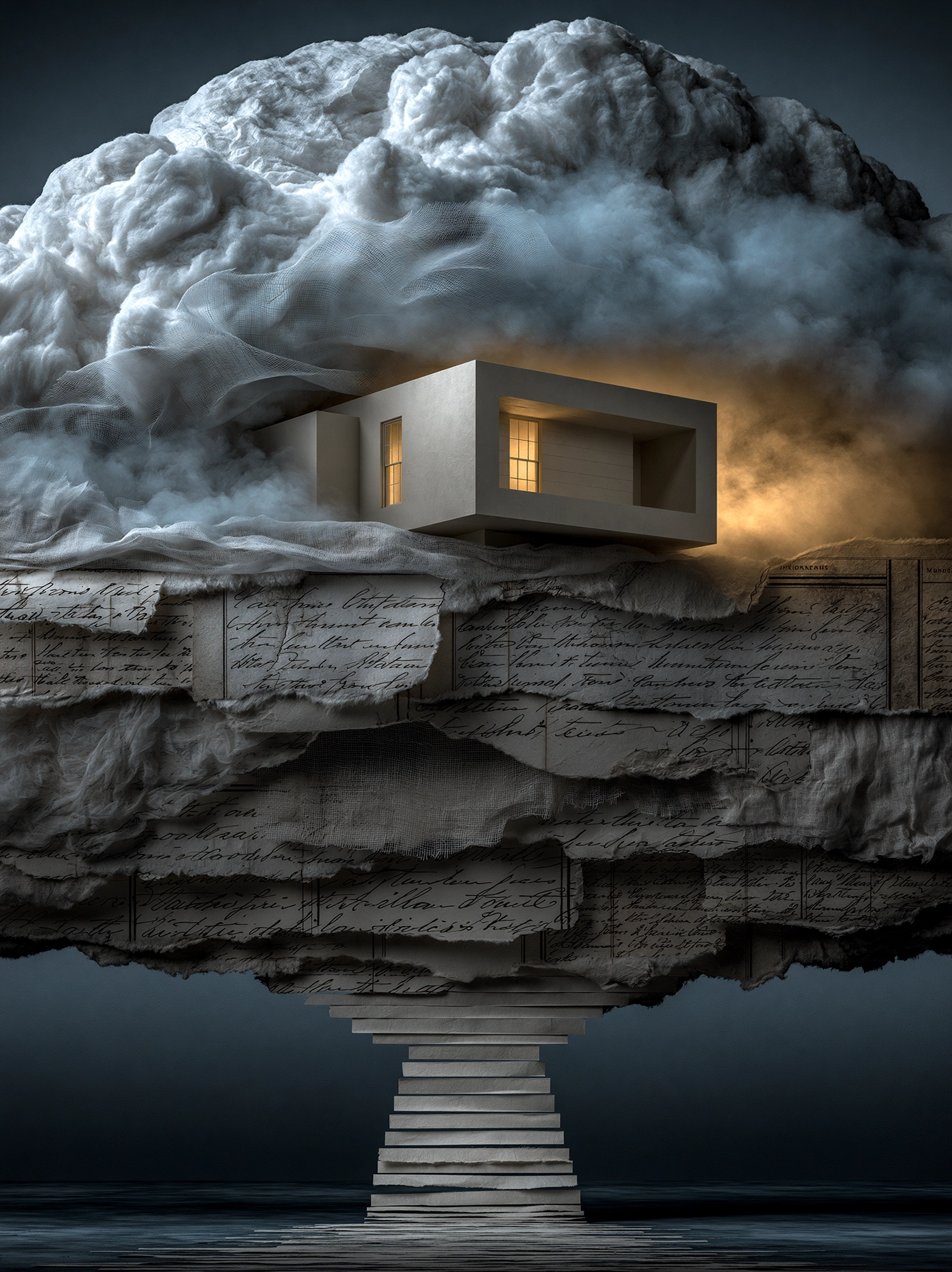 La Maison des Nuages — architecture minimaliste suspendue entre ciel et reflet, art mural premium